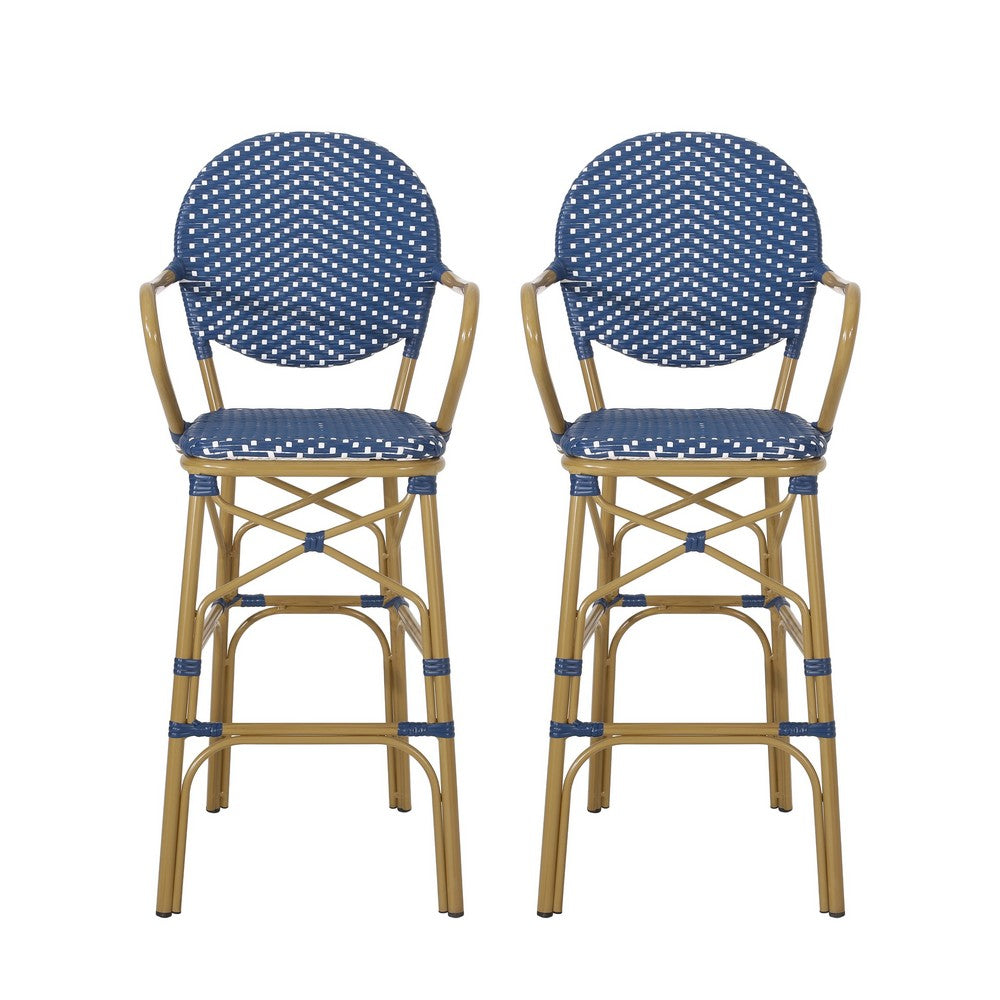 Lyam Set of 2 Outdoor Barstool Chair, Navy Blue Wicker, Brown Aluminum -BM335737
