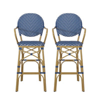 Lyam Set of 2 Outdoor Barstool Chair, Navy Blue Wicker, Brown Aluminum -BM335737