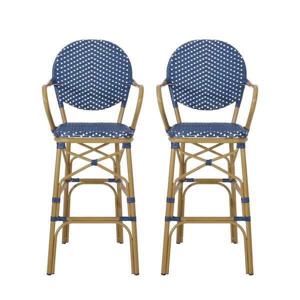 Lyam Set of 2 Outdoor Barstool Chair, Navy Blue Wicker, Brown Aluminum -BM335737