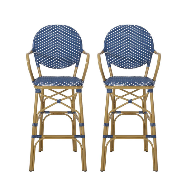 Lyam Set of 2 Outdoor Barstool Chair, Navy Blue Wicker, Brown Aluminum -BM335737