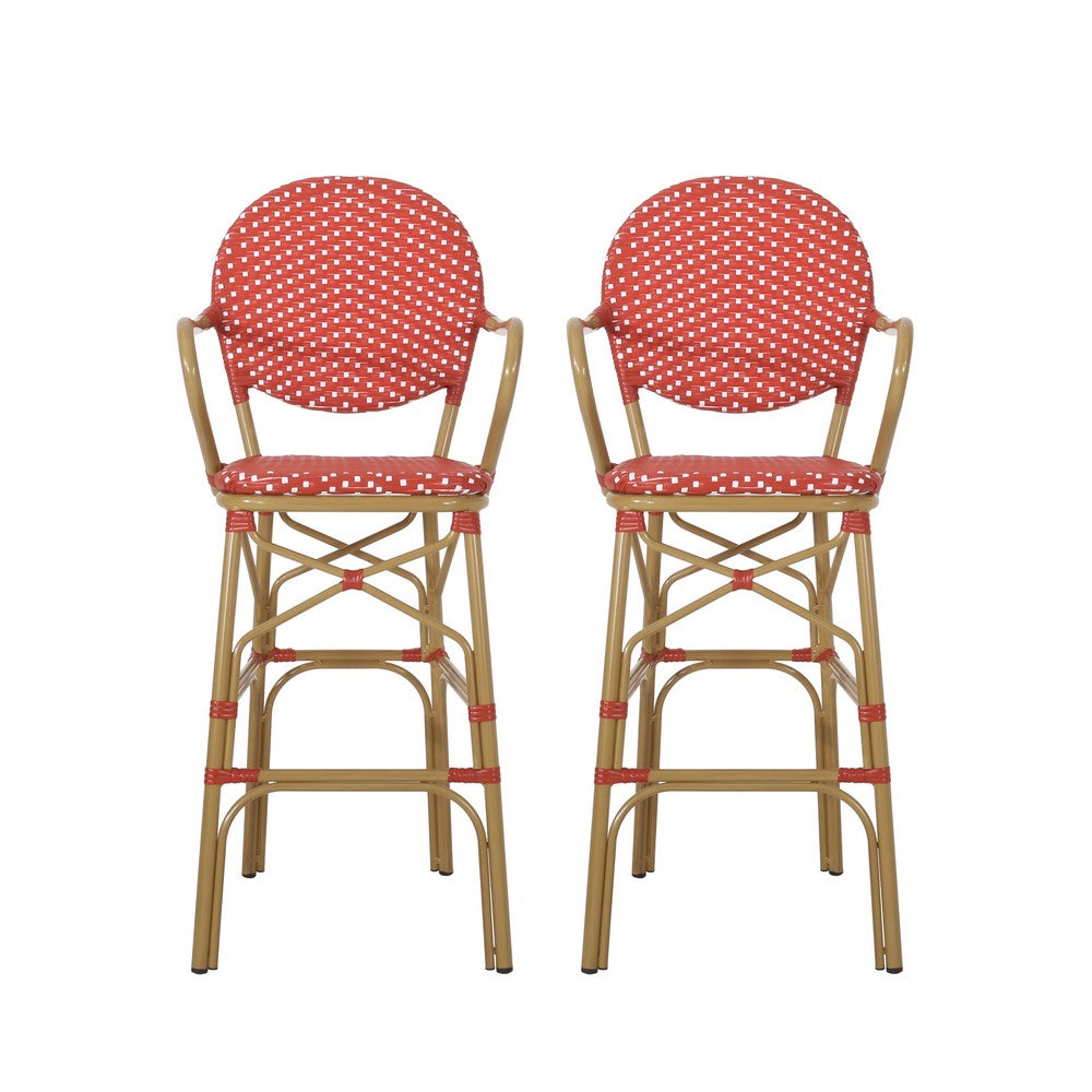 Lyam Set of 2 Outdoor Barstool Chair, Red Woven Wicker, Brown Aluminum -BM335738