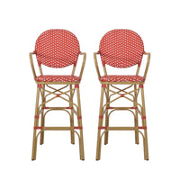 Lyam Set of 2 Outdoor Barstool Chair, Red Woven Wicker, Brown Aluminum -BM335738