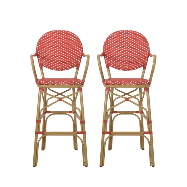 Lyam Set of 2 Outdoor Barstool Chair, Red Woven Wicker, Brown Aluminum -BM335738