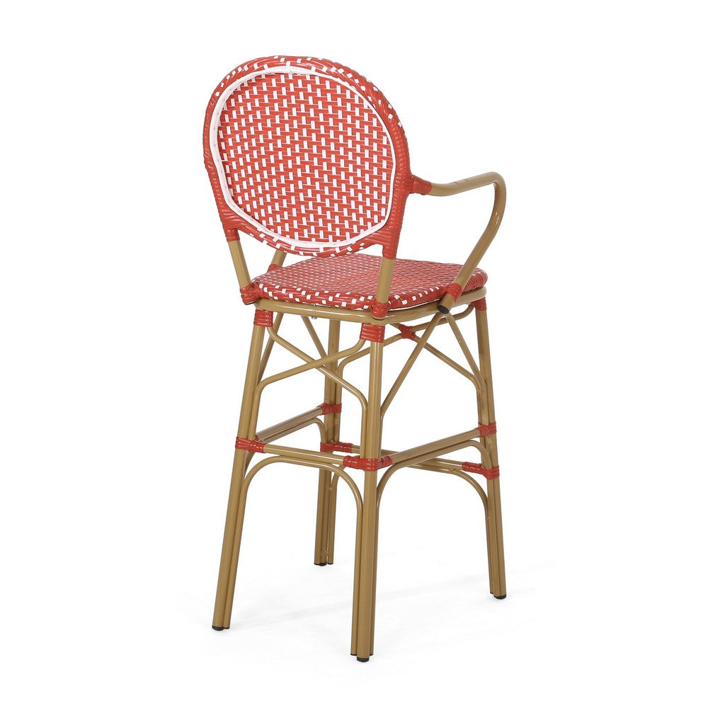 Lyam Set of 2 Outdoor Barstool Chair, Red Woven Wicker, Brown Aluminum -BM335738