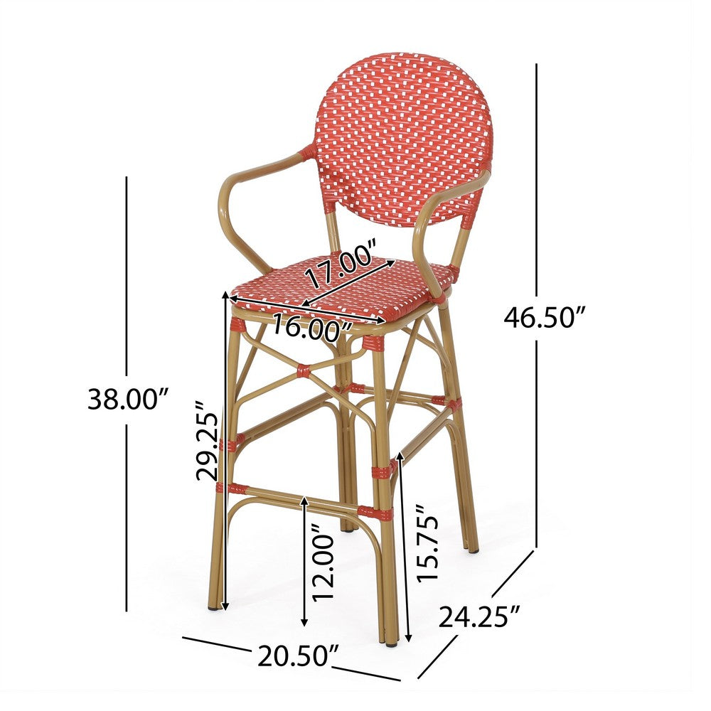 Lyam Set of 2 Outdoor Barstool Chair, Red Woven Wicker, Brown Aluminum -BM335738