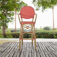 Lyam Set of 2 Outdoor Barstool Chair, Red Woven Wicker, Brown Aluminum -BM335738