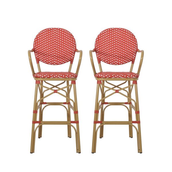 Lyam Set of 2 Outdoor Barstool Chair, Red Woven Wicker, Brown Aluminum -BM335738