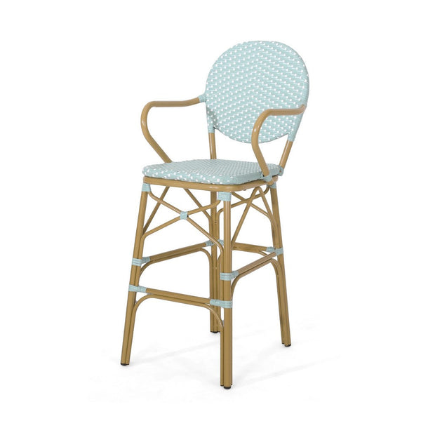 Lyam Set of 2 Outdoor Barstool Chair, Teal Woven Wicker Brown Aluminum -BM335739