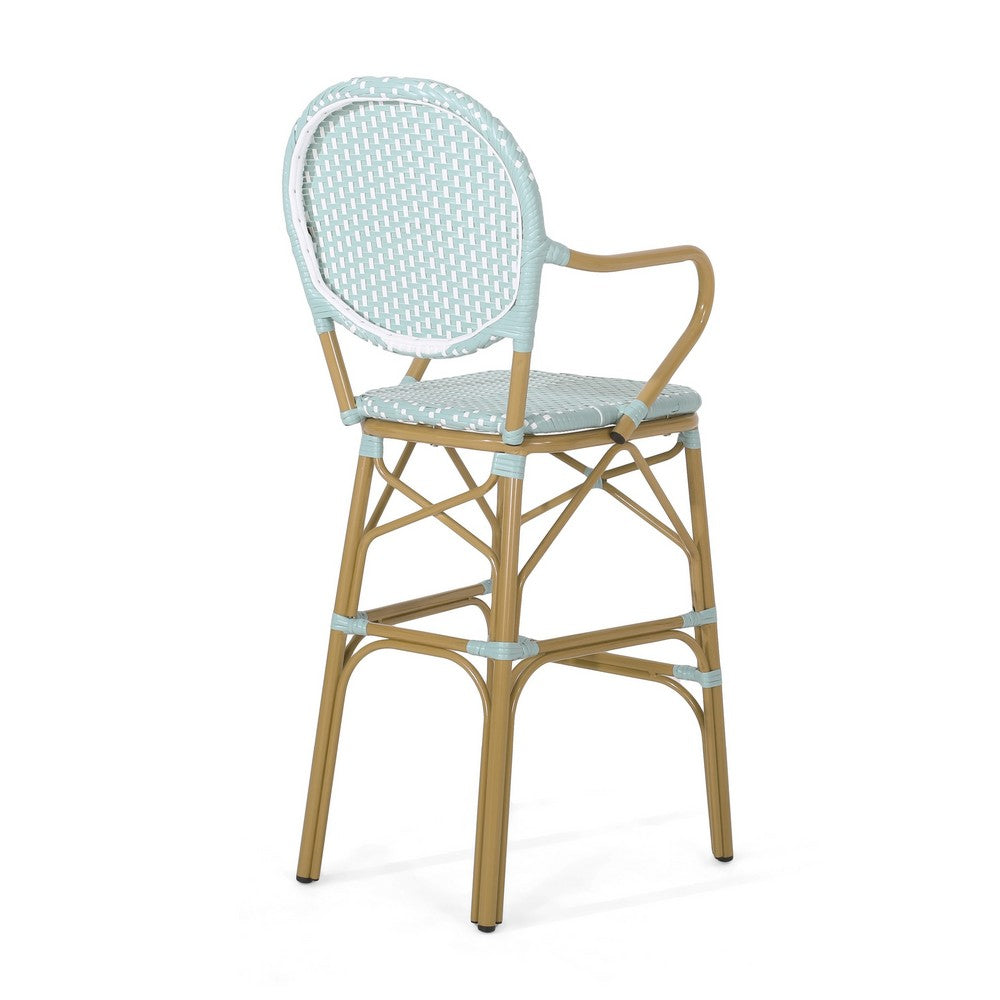 Lyam Set of 2 Outdoor Barstool Chair, Teal Woven Wicker Brown Aluminum -BM335739