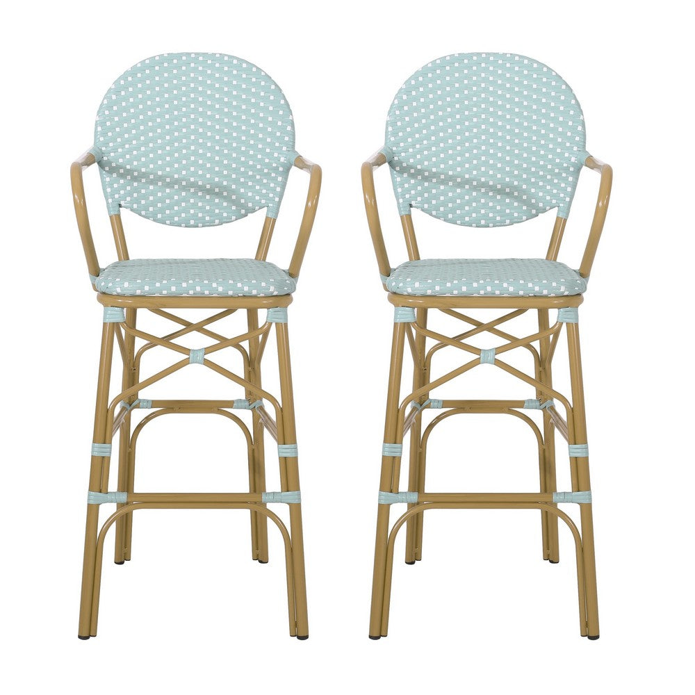 Lyam Set of 2 Outdoor Barstool Chair, Teal Woven Wicker Brown Aluminum -BM335739