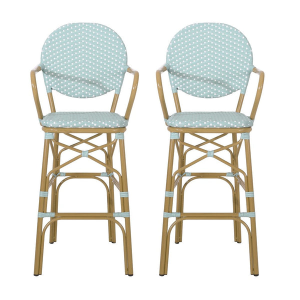 Lyam Set of 2 Outdoor Barstool Chair, Teal Woven Wicker Brown Aluminum -BM335739