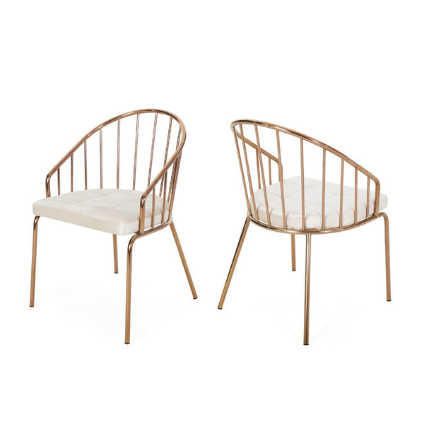 Dining Chair Set or 2, Rose Gold Frame and Beige Fabric Seat, Slatted -BM335745