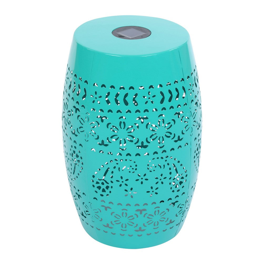 Sola Side Table, Solar Powered Light, 18 Inch Barrel Shaped Teal Iron -BM335747
