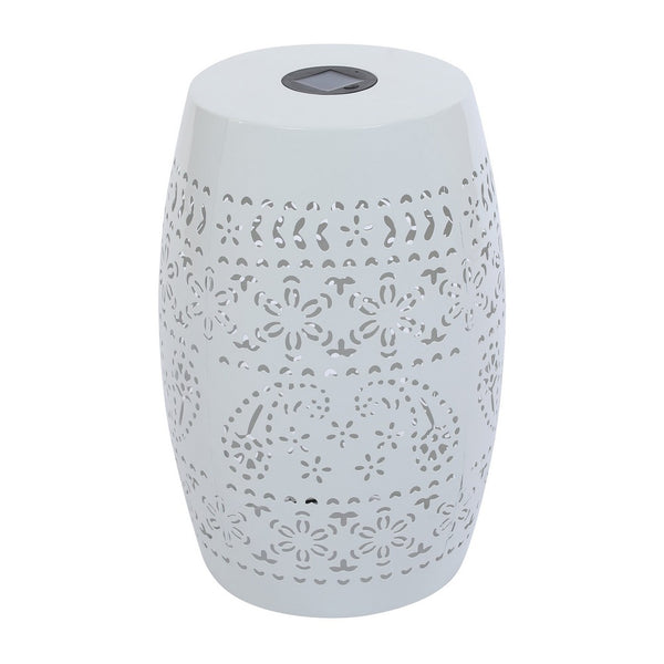 Sola Side Table, Solar Powered Light, 18 Inch Barrel Shaped White Iron -BM335748