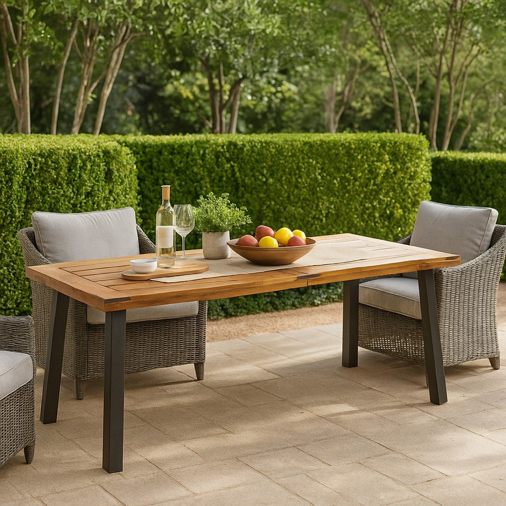 Kristi Outdoor Dining Table, 69 Inch Brown Wood Top and Slat Panel -BM335754