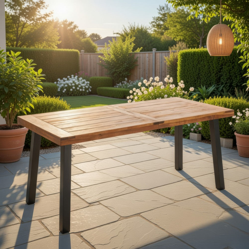 Kristi Outdoor Dining Table, 69 Inch Brown Wood Top and Slat Panel -BM335754