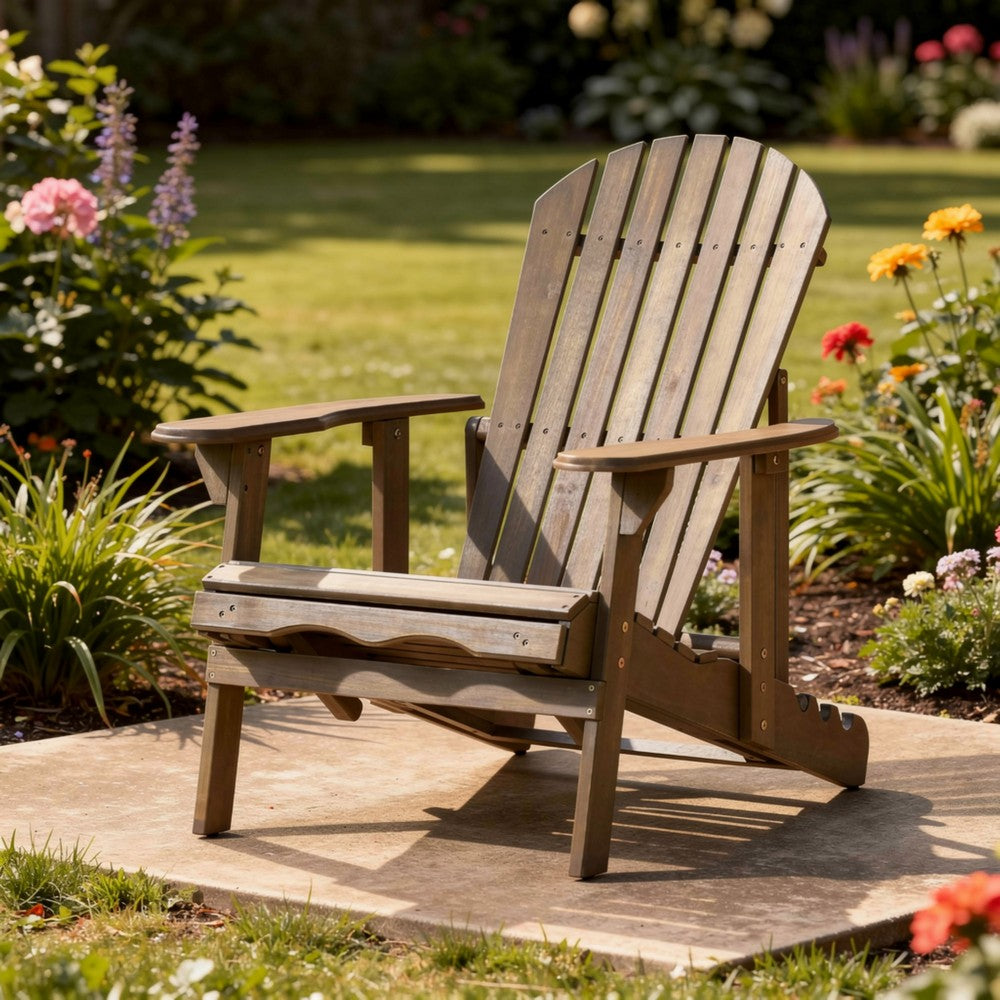Libo Outdoor Recliner Adirondack Chair, Slatted Gray Acacia Wood -BM335758