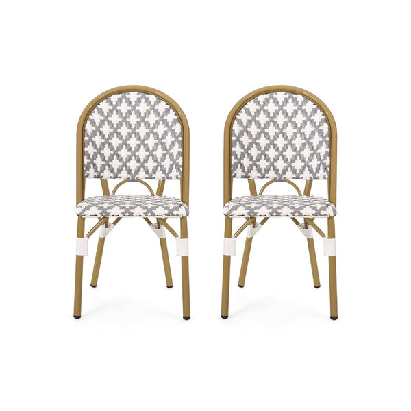 Bo Outdoor Bistro Chair Set of 2, Gray White Faux Rattan, Brown Metal -BM335764
