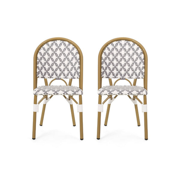 Bo Outdoor Bistro Chair Set of 2, Gray White Faux Rattan, Brown Metal -BM335764