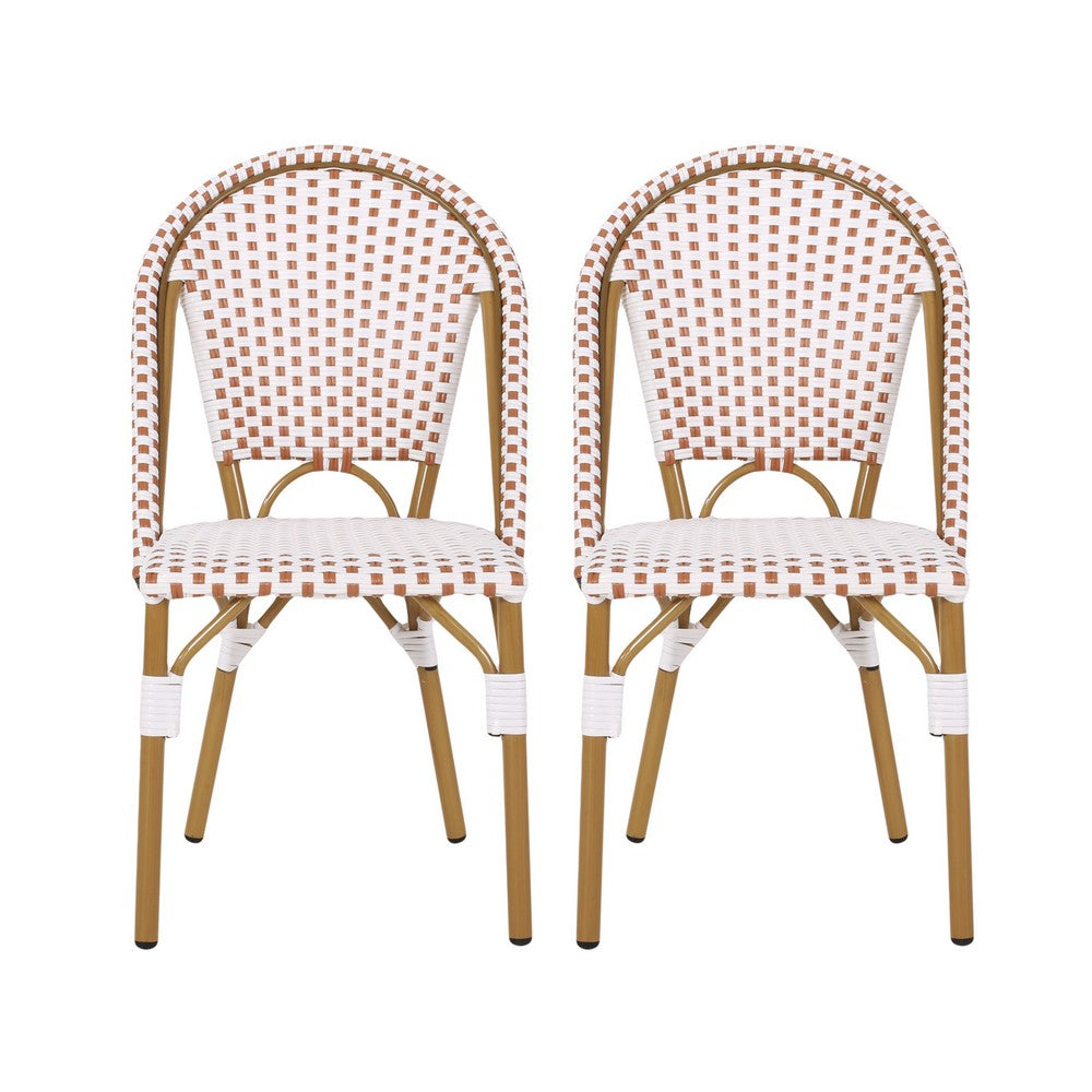 Bo Outdoor Bistro Chair Set of 2, White and Brown Faux Rattan, Metal -BM335765