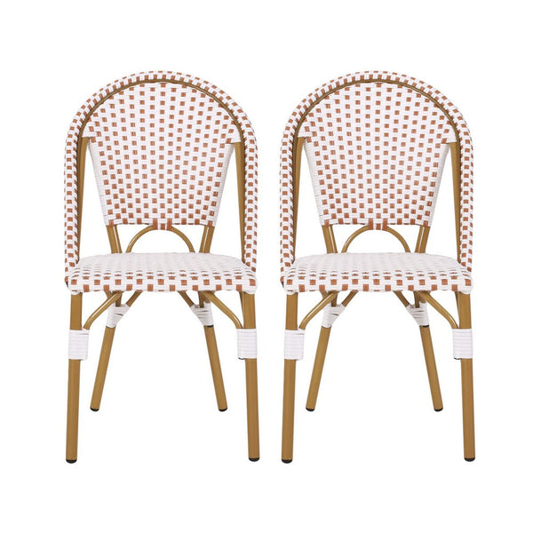 Bo Outdoor Bistro Chair Set of 2, White and Brown Faux Rattan, Metal -BM335765