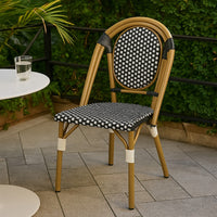 Bo Outdoor Bistro Chair Set of 2, White and Black Faux Rattan, Metal -BM335766