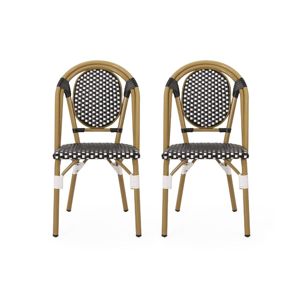 Bo Outdoor Bistro Chair Set of 2, White and Black Faux Rattan, Metal -BM335766