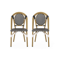 Bo Outdoor Bistro Chair Set of 2, White and Black Faux Rattan, Metal -BM335766