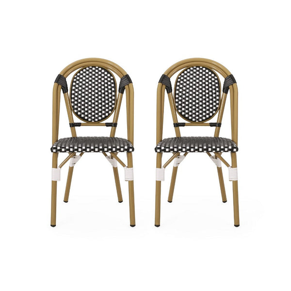 Bo Outdoor Bistro Chair Set of 2, White and Black Faux Rattan, Metal -BM335766