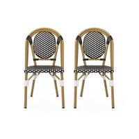 Bo Outdoor Bistro Chair Set of 2, White and Black Faux Rattan, Metal -BM335766
