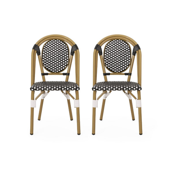 Bo Outdoor Bistro Chair Set of 2, White and Black Faux Rattan, Metal -BM335766