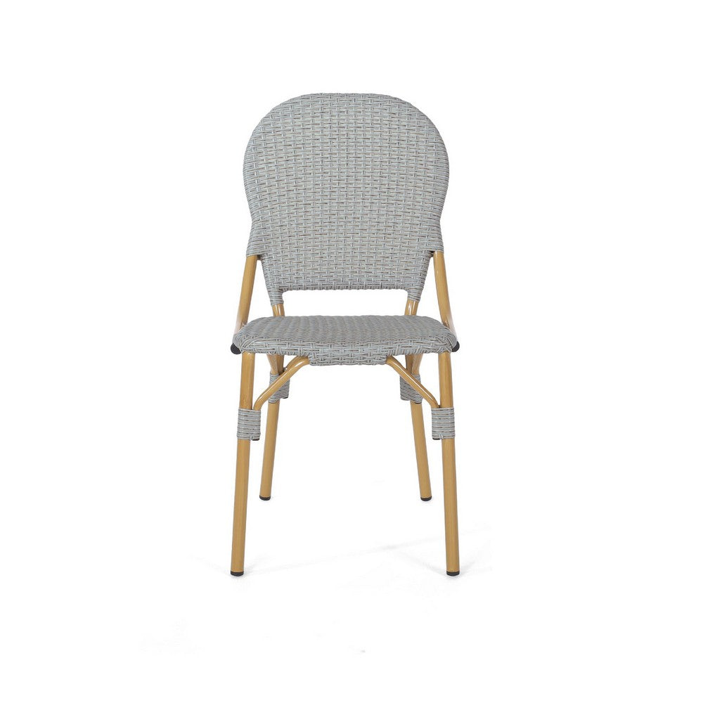 Outdoor Bistro Chair Set of 2, Gray Faux Rattan, Natural Brown Metal -BM335767