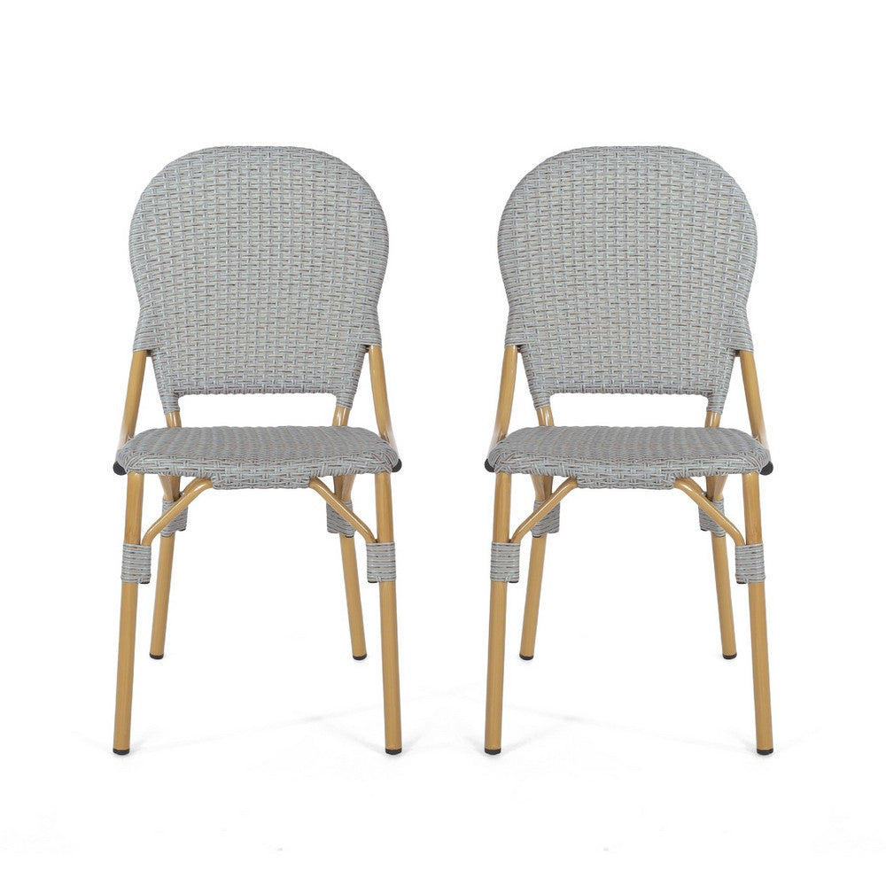 Outdoor Bistro Chair Set of 2, Gray Faux Rattan, Natural Brown Metal -BM335767