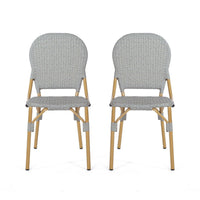 Outdoor Bistro Chair Set of 2, Gray Faux Rattan, Natural Brown Metal -BM335767