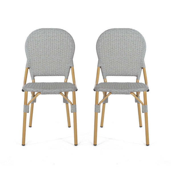 Outdoor Bistro Chair Set of 2, Gray Faux Rattan, Natural Brown Metal -BM335767