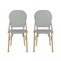Outdoor Bistro Chair Set of 2, Gray Faux Rattan, Natural Brown Metal -BM335767