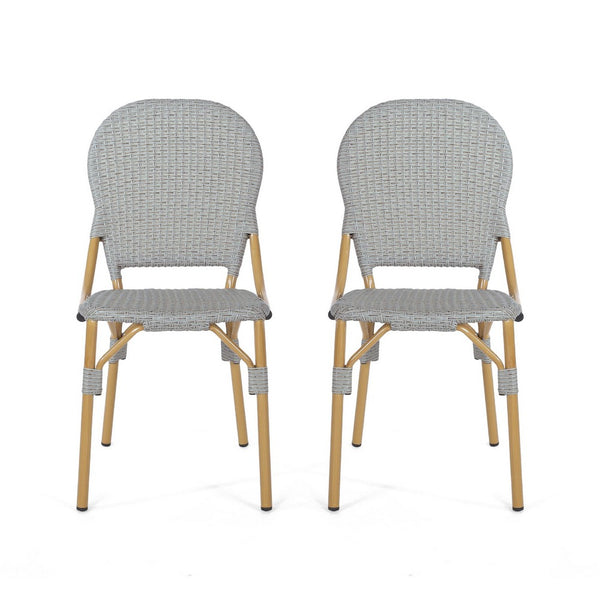 Outdoor Bistro Chair Set of 2, Gray Faux Rattan, Natural Brown Metal -BM335767
