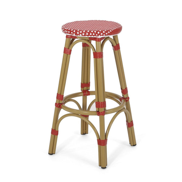 Outdoor Barstool Set of 2, Red and White Wicker Seat, Brown Aluminum -BM335768
