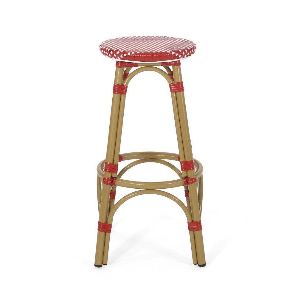 Outdoor Barstool Set of 2, Red and White Wicker Seat, Brown Aluminum -BM335768