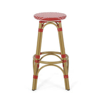 Outdoor Barstool Set of 2, Red and White Wicker Seat, Brown Aluminum -BM335768