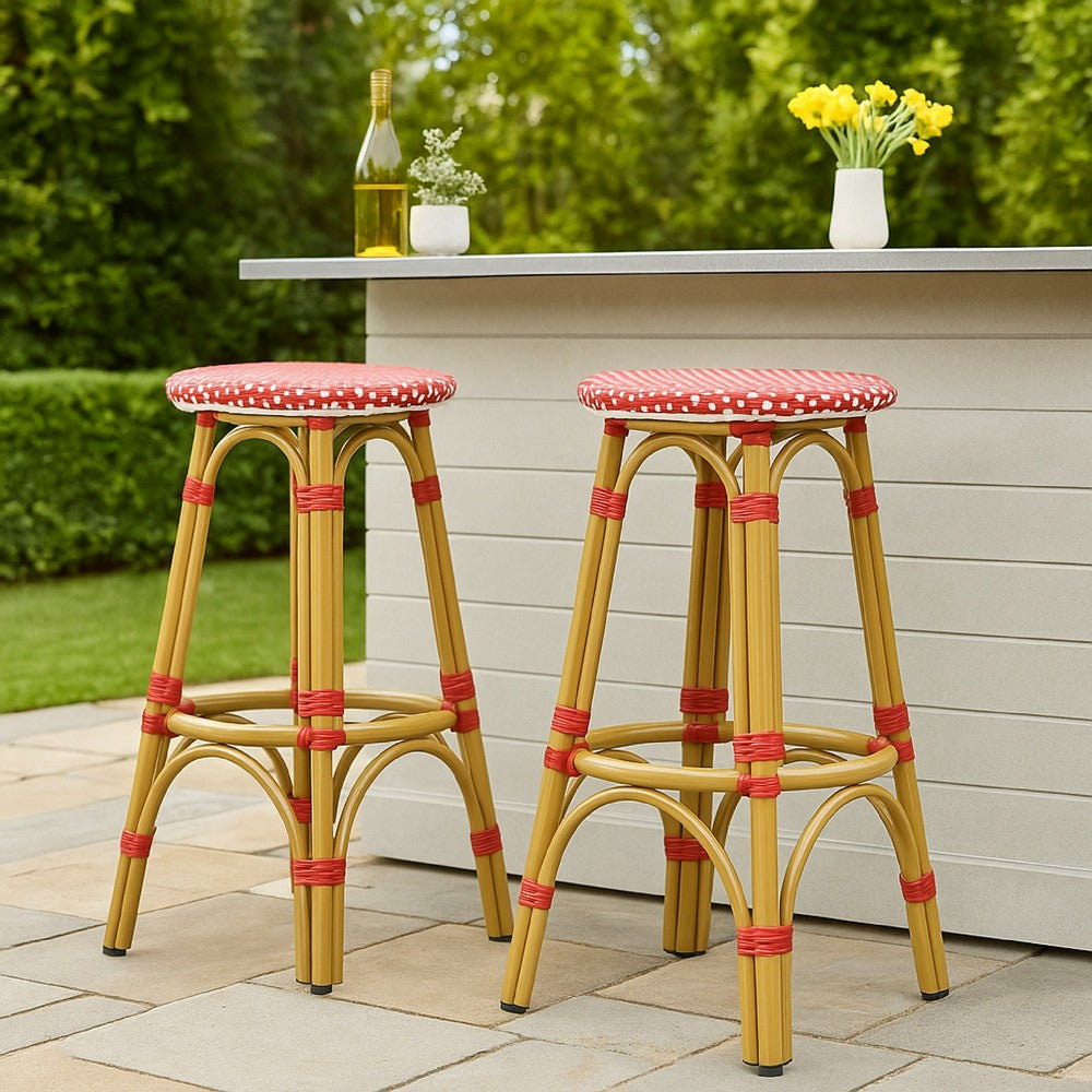 Outdoor Barstool Set of 2, Red and White Wicker Seat, Brown Aluminum -BM335768