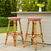 Outdoor Barstool Set of 2, Red and White Wicker Seat, Brown Aluminum -BM335768