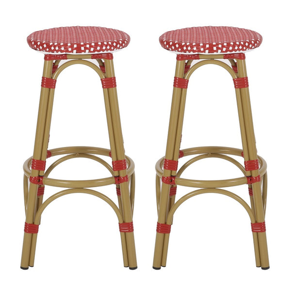 Outdoor Barstool Set of 2, Red and White Wicker Seat, Brown Aluminum -BM335768