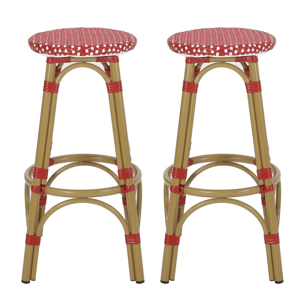 Outdoor Barstool Set of 2, Red and White Wicker Seat, Brown Aluminum -BM335768