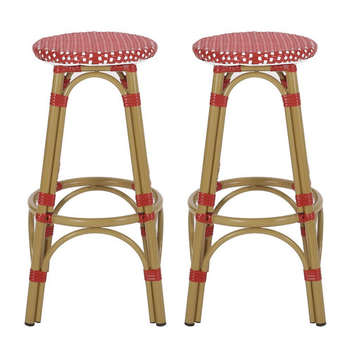 Outdoor Barstool Set of 2, Red and White Wicker Seat, Brown Aluminum -BM335768