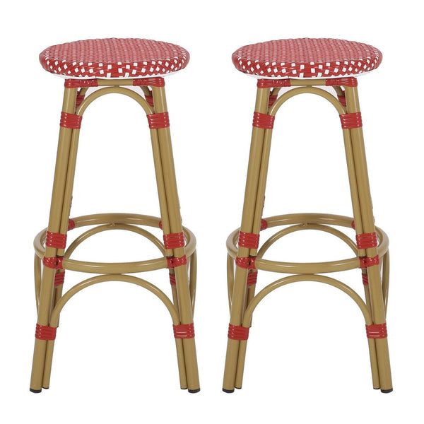 Outdoor Barstool Set of 2, Red and White Wicker Seat, Brown Aluminum -BM335768