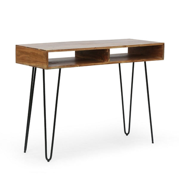 Levy Writing Laptop Desk, 40 Inch Brown Acacia Wood, Black Metal Legs -BM335771