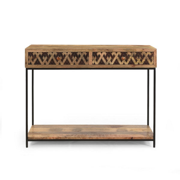 Koe Console Table, 42 Inch Mango Wood Top, 2 Drawers w Metal Knobs -BM335777