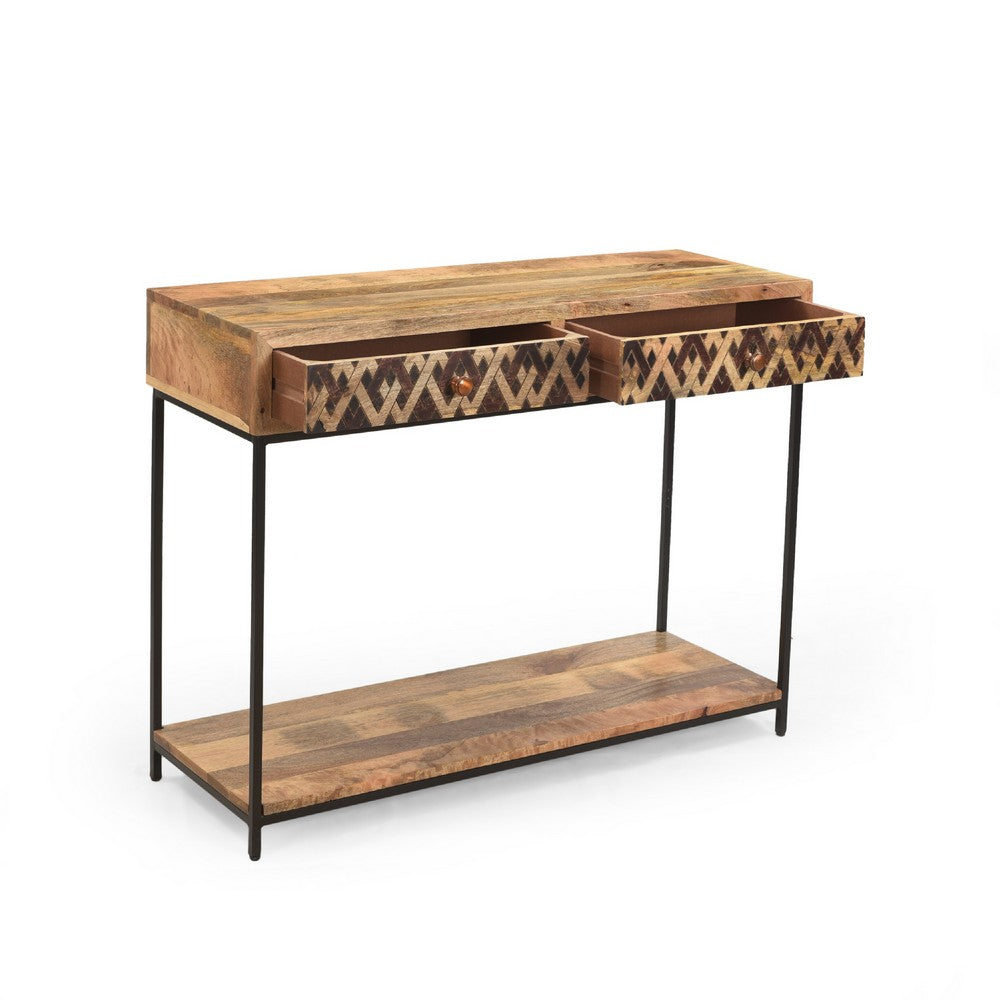 Koe Console Table, 42 Inch Mango Wood Top, 2 Drawers w Metal Knobs -BM335777
