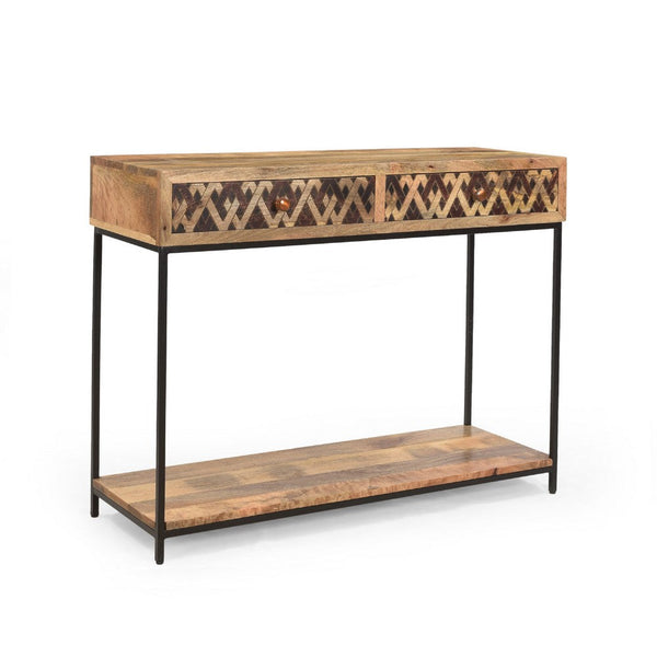 Koe Console Table, 42 Inch Mango Wood Top, 2 Drawers w Metal Knobs -BM335777